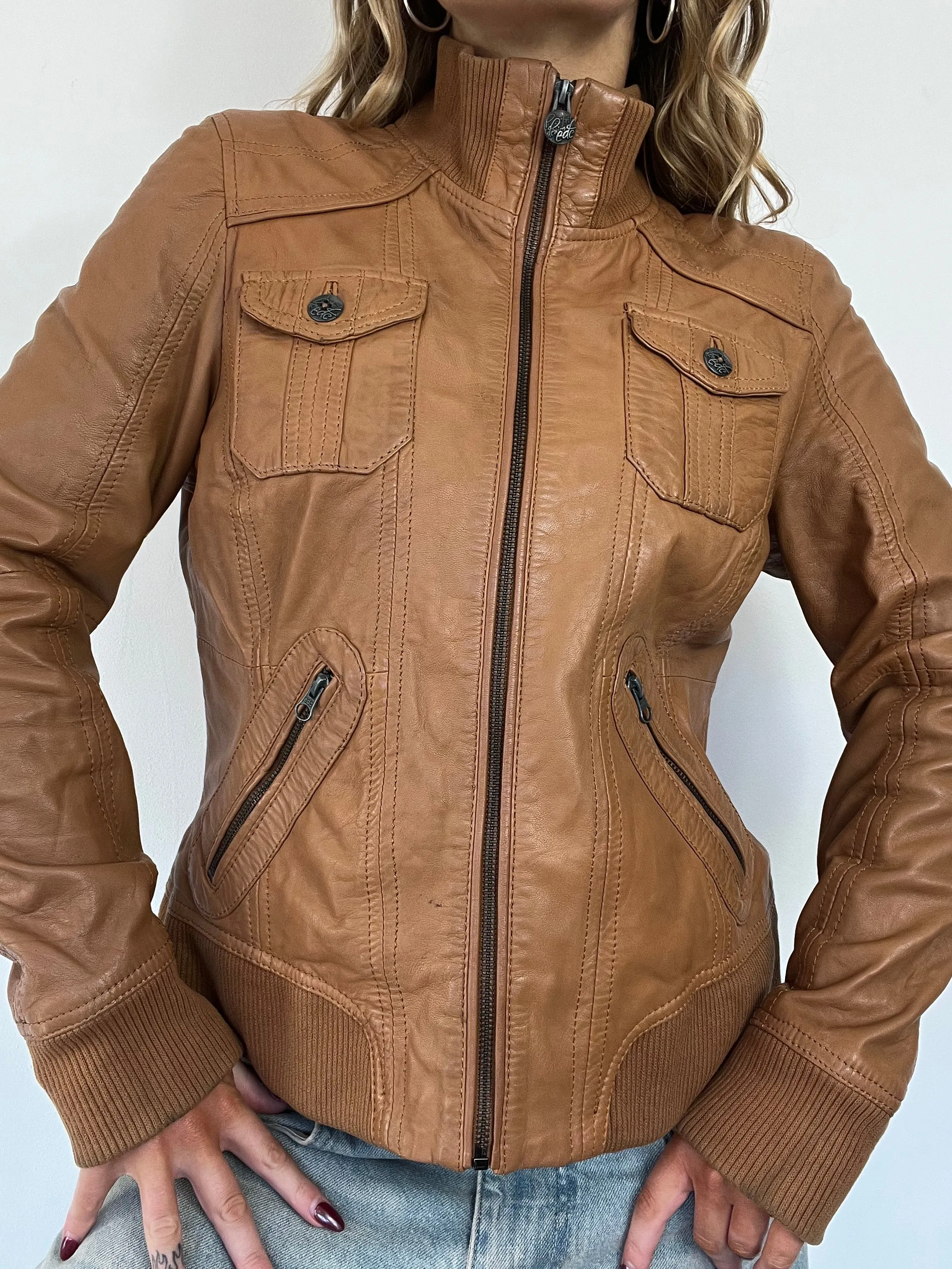 90s brown leather utility real leather jacket - Size M