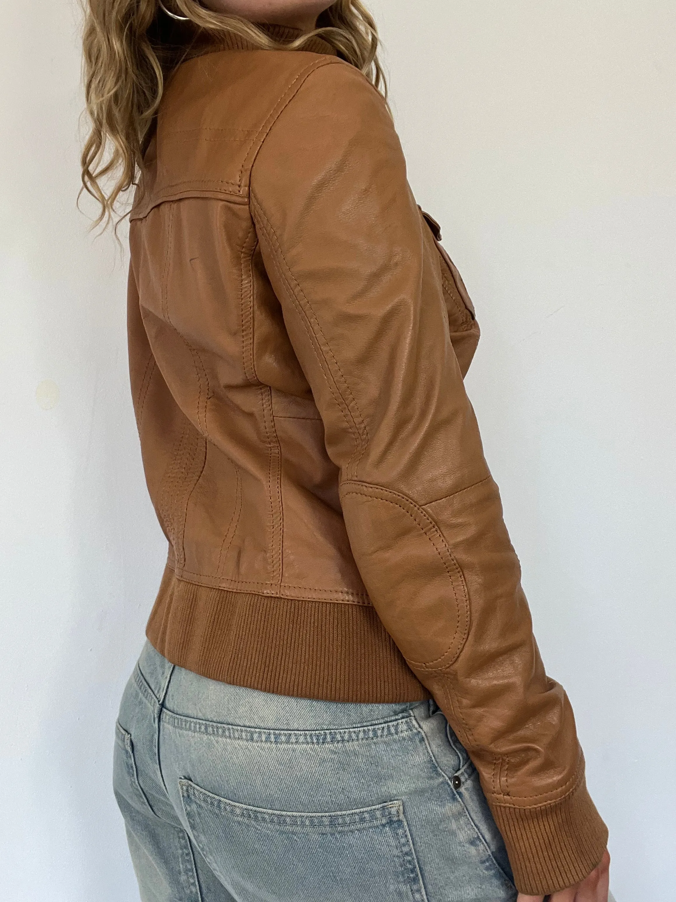 90s brown leather utility real leather jacket - Size M