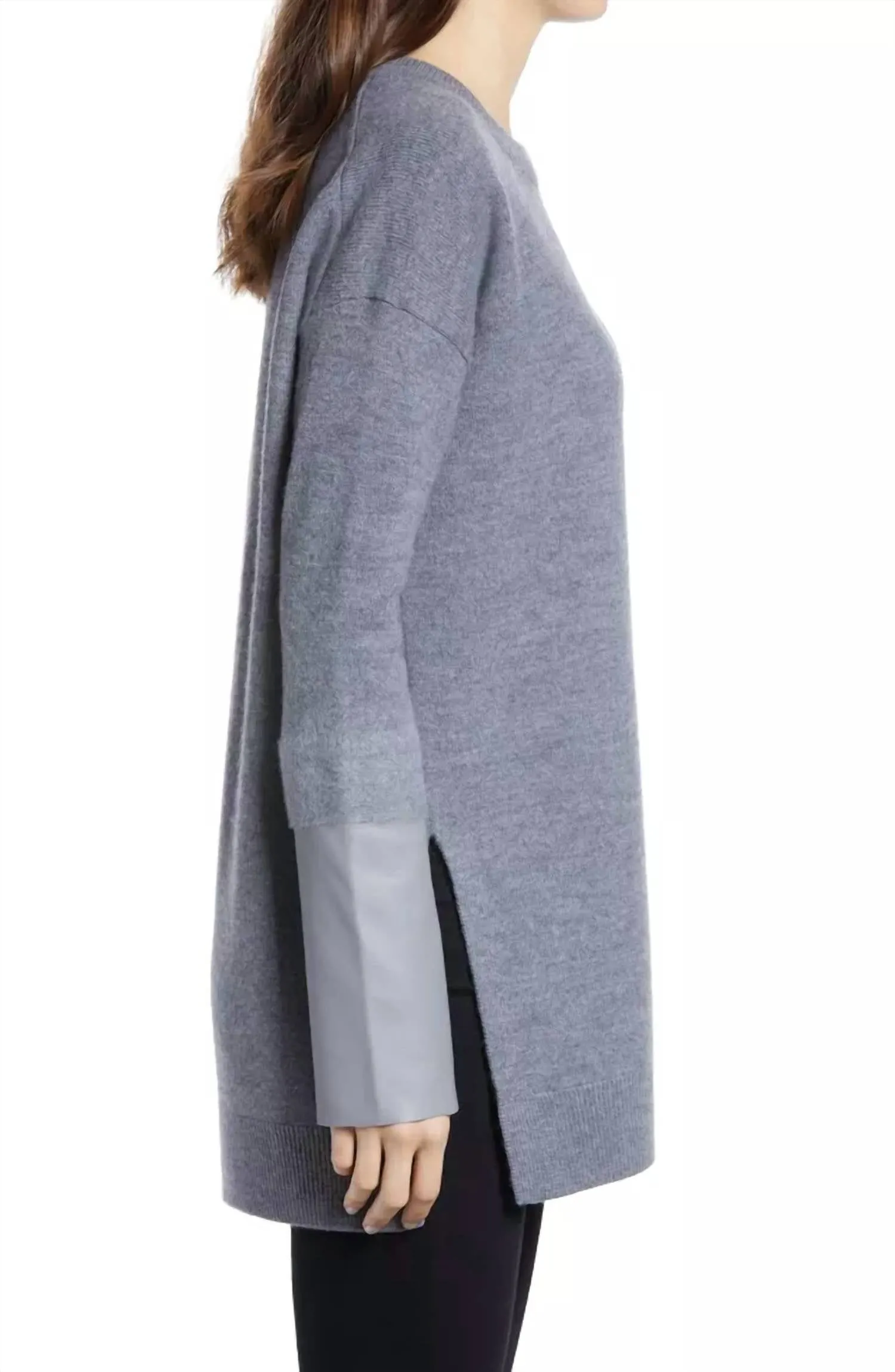 Allsaints - Leather Cuff Mid Length Side Slits Wool Sweater