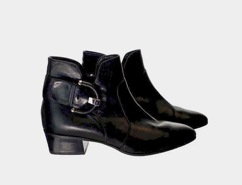Aquatalia Women's Flambay Black Calf Ankle Boots Booties Buckle Zip Size 7.5