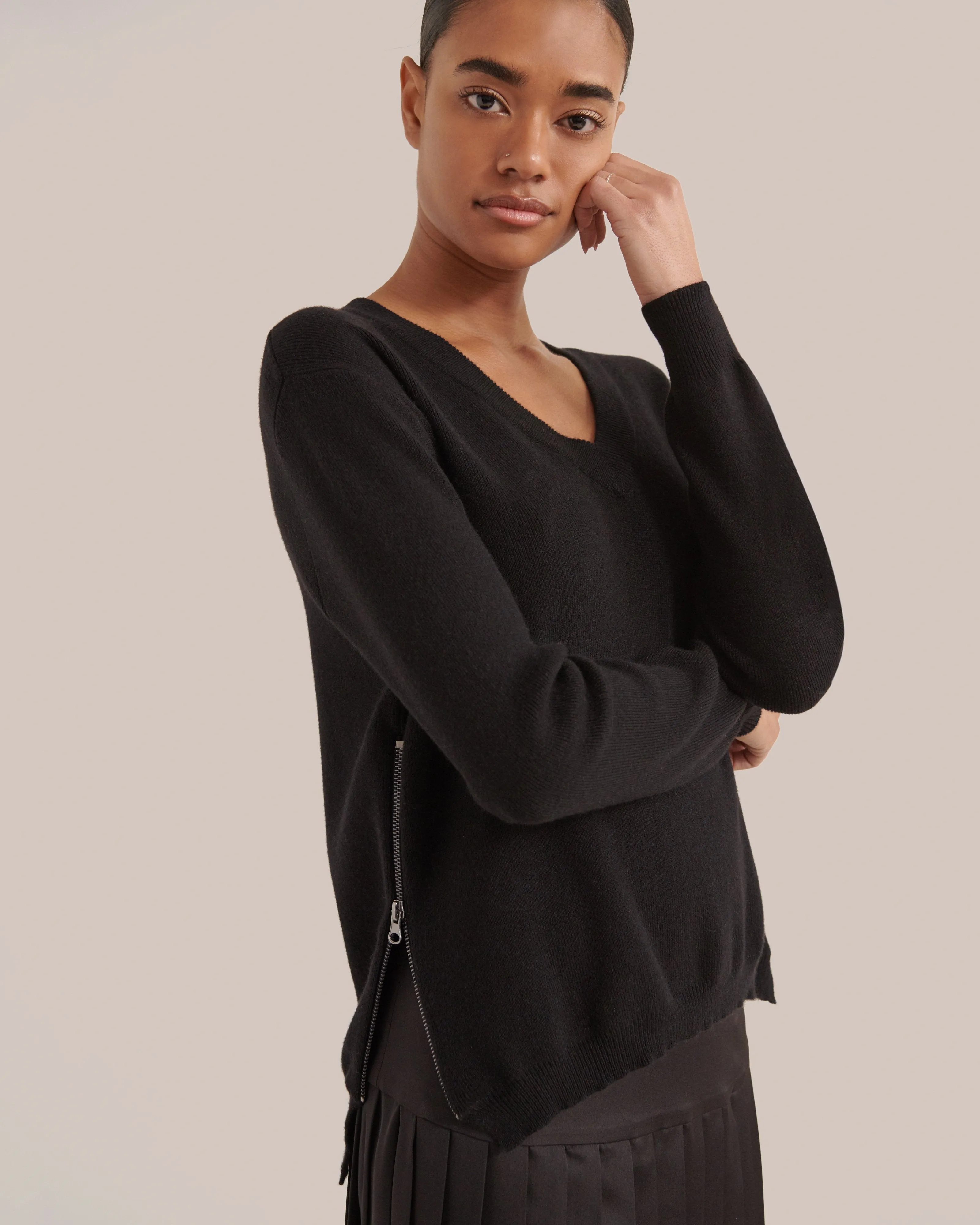 Carla Side-Zip Cashmere-Blend Sweater