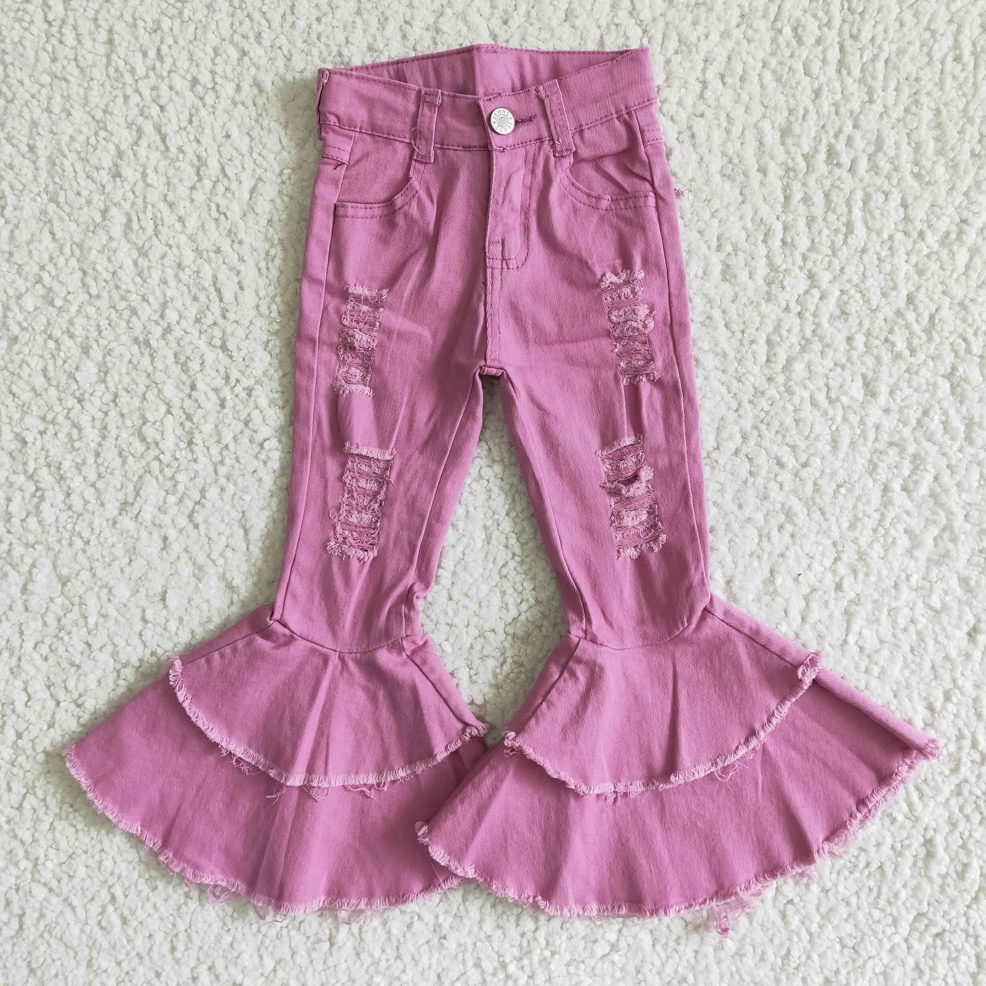 Girls double ruffle purple pink denim pants