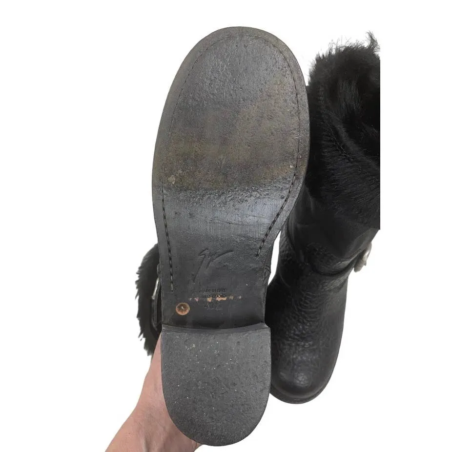 Giuseppe Zanotti Fur Lined Moto Boots Leather Size 40.5 10.5
