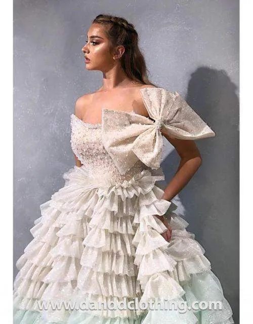 Luxury Evening Gown Light Blue and White Ruffled