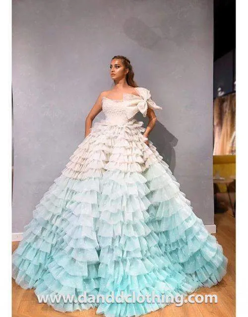 Luxury Evening Gown Light Blue and White Ruffled