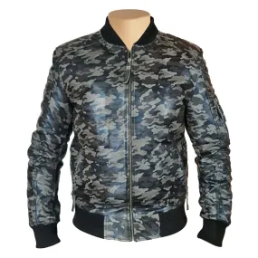 Men's Bomber Military Print Grey Camouflage Leather Jacket