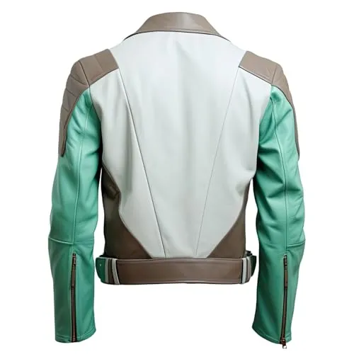 Mens Mint Green Grey Genuine Sheepskin Notched Lapel Collar Zippered Sporty Belted Caf Racer Leather Jacket