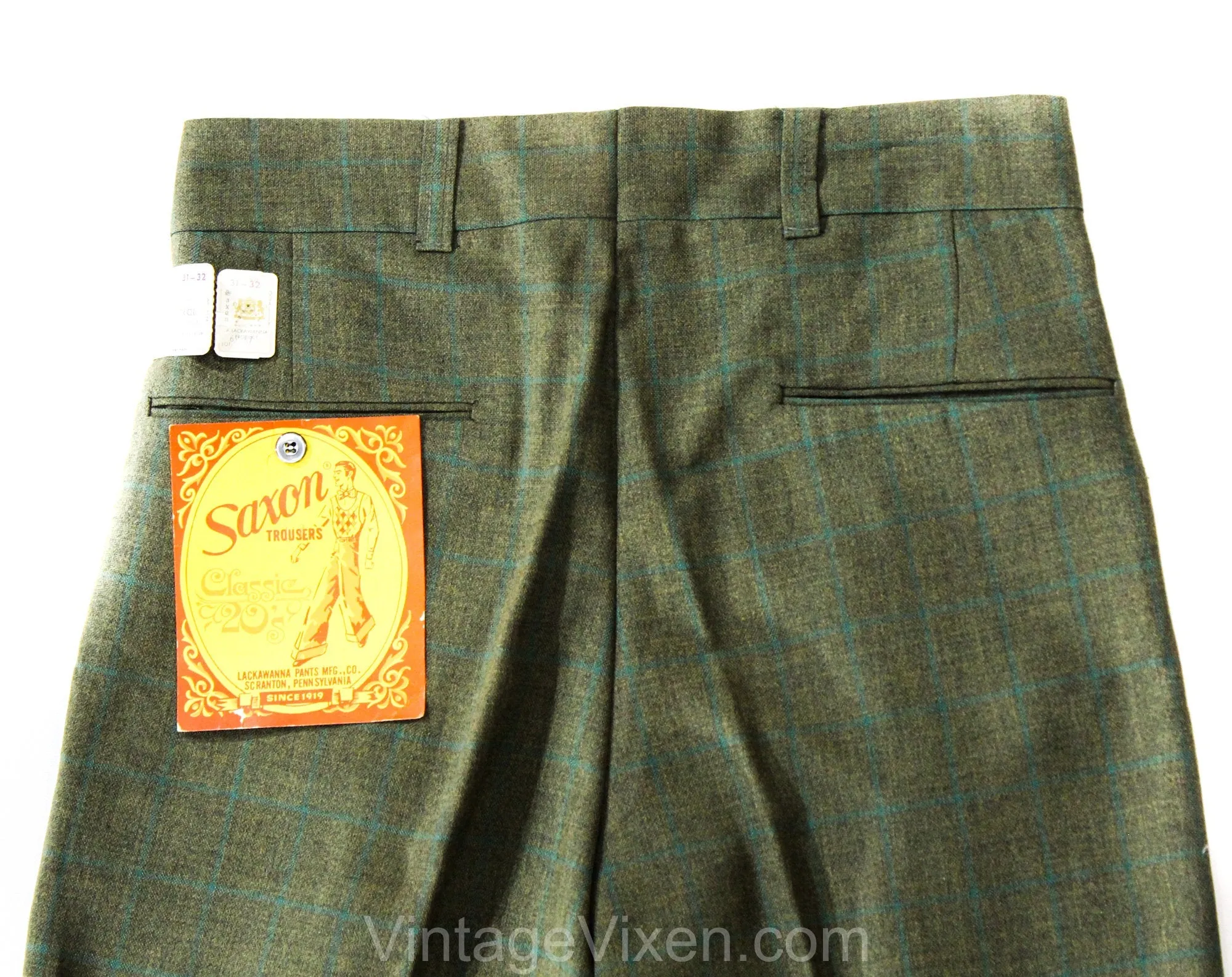 Men's Small Pant - Mens Retro Brown & Blue Plaid Trousers - Looks 1920s 30s Made in 1960s 70s - Saxon Baggies - Oxford Bags - Waist 29.5