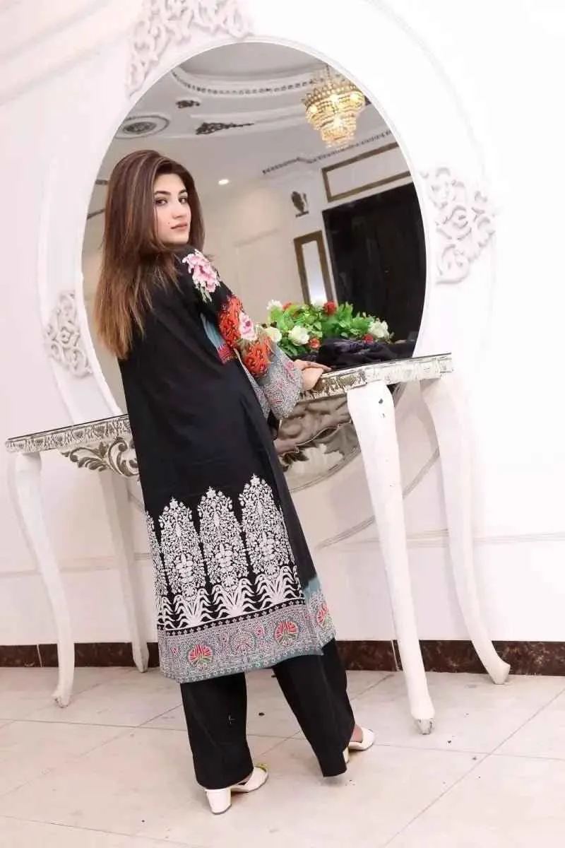 Ready to Wear Embroidered Lawn Pakistani Dresses for Women Shalwar, Kameez with Dupatta - Three Piece Set - Black